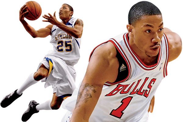Derrick Rose in 2007 (left), with Simeon Career Academy; with the Bulls in 2010