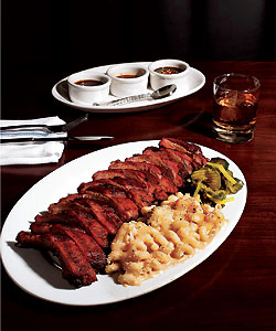 Chicago Q's baby back ribs, mac and cheese, and homemade pickles