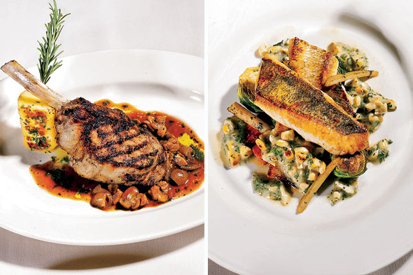 Grilled veal chop (left) and pan-roasted walleye pike