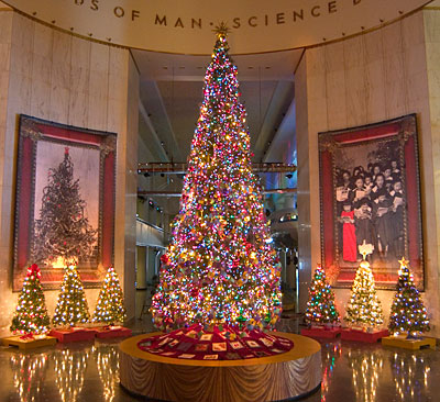 A display of Christmas trees at the Museum of Science and Industry