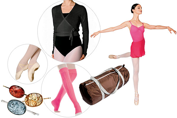 Mondor leg warmers, Goody bobby slides, Grishko canvas performance ballet slippers, women’s wrap sweater, leotard, chiffon skirt, Bodywrappers convertible tights,and nylon gym bag