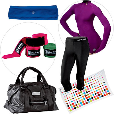 Nike pro hyperwarm women’s shirt, Nike pro combat core women’s capris, Tepper Jackson cotton towel, Adidas by Stella McCartney women’s sport bag, Krav Maga elastic hand wraps, and slipless headband