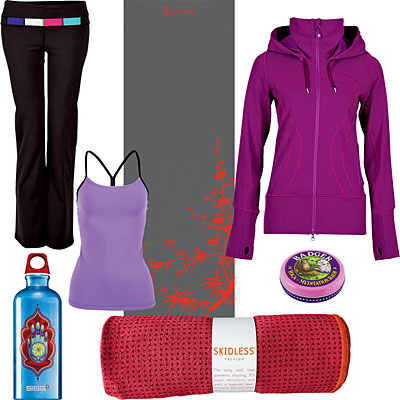 Groove pant, Power Y tank top, Zen garden yoga mat, Stride jacket, Badger yoga and meditation balm, Yogitoes skidless premium towel, and Peaceful journey water bottle