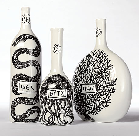 Psi, theta, and epsilon porcelain bottles