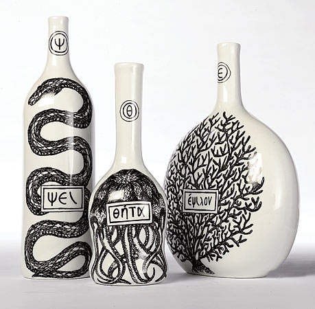 Psi, theta, and epsilon porcelain bottles