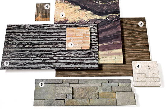 Stonewood quartzitic limestone in Ebony, Ravello honed marble, Idyllwild vein-cut honed marble, V10 Bianco Rockface chiseled stone mesh-mounted, Ledger stone by Jeffrey Court, Vestige Collection brushed stone in Zebrano, and V8 Split Plus Classico stone