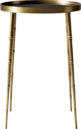 Coco 23-inch accent table with tapered faux-bamboo legs, an antique brass finish, and a smoked-glass top