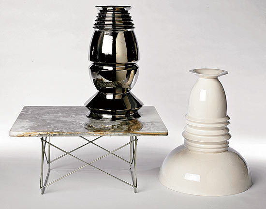 Eighteen-inch ceramic vases designed by Sergio Asti, and a 1962 ten-inch prototype by Charles and Ray Eames for a marble-topped table