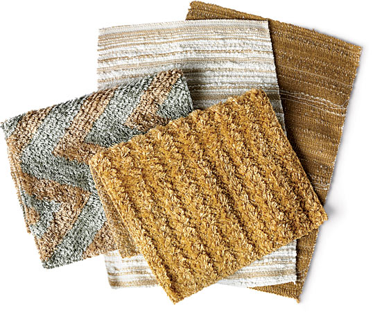 Richly textured, solution-dyed (sun can’t fade them) acrylic and polyester Sunbrella indoor/outdoor upholstery fabrics in Swell, Zig Zag, and Coco (in two colors).