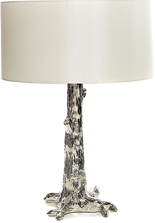 Table lamp with a 22 1/2-inch tree-shaped base of nickel-plated hand-cast brass and an ivory silk pongee shade