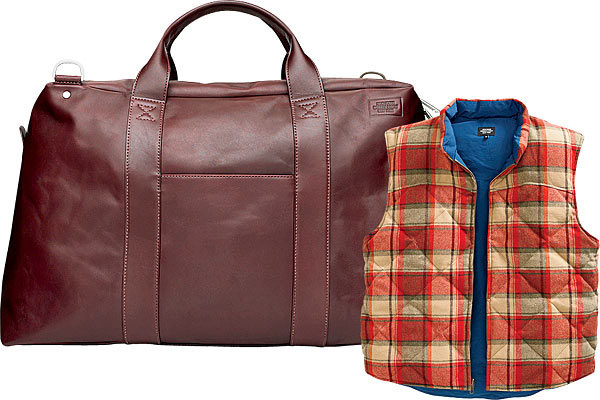 Leather bag and plaid vest from Jack Spade