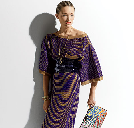 LOUIS VUITTON dress and belt, DAVID YURMAN blue topaz bracelet, mosaic bangle, yellow onyx ring, chain, amethyst pendant, blue topaz ring, and amethyst ring, and JIMMY CHOO clutch