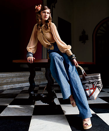 CHRIS BENZ blouse, TORY BURCH belt, DEREK LAM trousers, TED ROSSI bangles, SARAH CHLOE ring, HERMÈS bag, and ROBERT CLERGERIE shoes