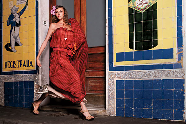 MARC JACOBS dress, JEMMA WYNNE bangle, pendants, and chain, SHOUROUK bag, and JIMMY CHOO sandals