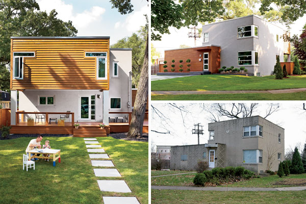 Rear and front views of the rehabbed house, and a 'before' view of the front