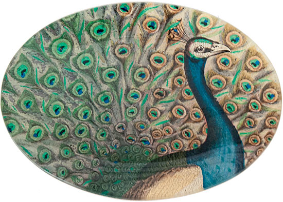 Decoupage glass five-by-seven-inch peacock dish