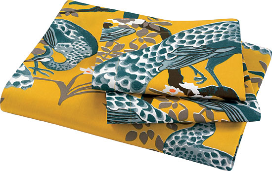 Cotton percale 400-thread-count citrine peacock duvet cover and pillowcases by Dwell Studio in full/queen and king sizes