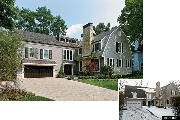 The house's front exterior, before and after