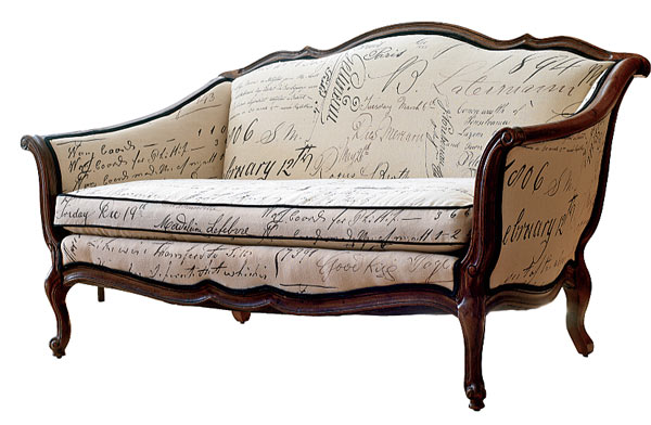 French Script vintage settee reupholstered in Belgian linen at Careful Peach