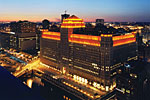 Merchandise Mart lit up after sunset