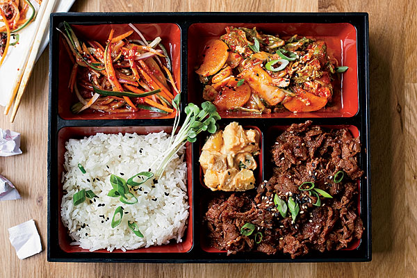 Mixed vegetables, kimchi, bulgogi with spicy potato salad, and jasmine rice from The Bento Box