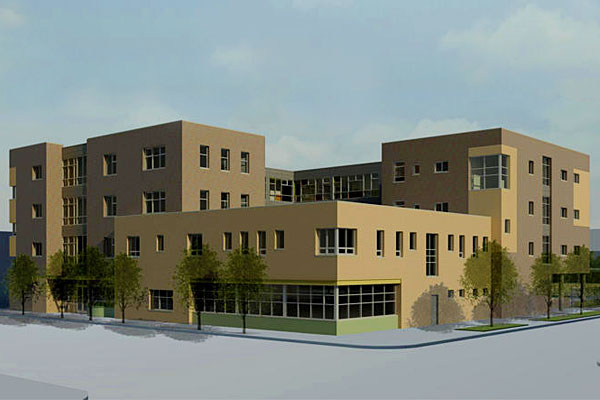 A computer-generated image of the New Moms, Inc. building