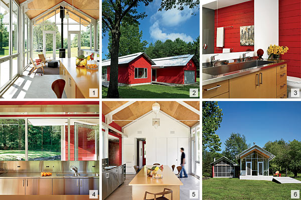 The living area, house exterior, master bathroom, front of the smaller building, kitchen, and a view of the house from the meadow.