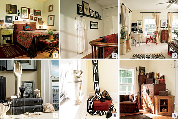 The guest bedroom, upstairs landing, second-floor bedroom, big bedroom, 'bus blind' and vintage shoes Lowe uses for still-life photos, and an extra bedroom.