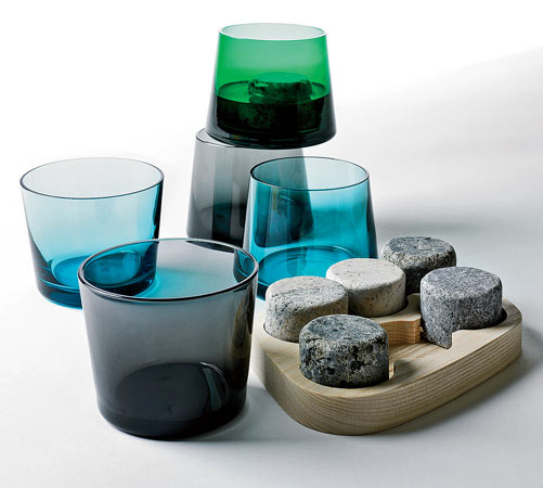 Teroforma Avva crystal tumblers, $46 for a set of two, at Stitch. On-the-rocks reclaimed-granite drink chillers with wood tray, $38, at Susan Fredman at Home.