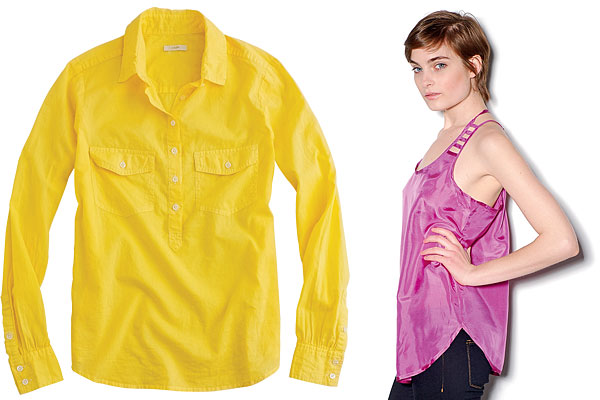 A bright yellow button-down shirt, and a model wearing a pink silk tank