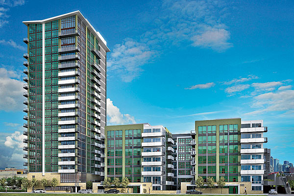 Trio, a set of three linked residential buildings, located in the Fulton River District