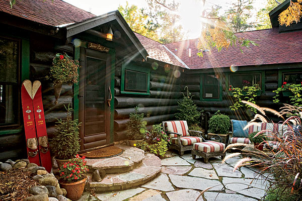 Stone front patio at Spider Lake Lodge.