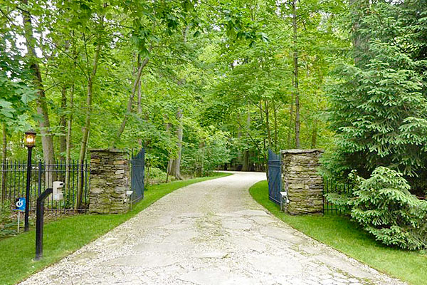 The gate of a lakefront mansion, located on part of an old Armour family estate in Lake Bluff