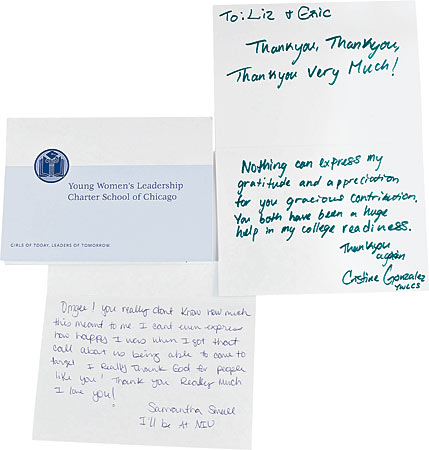 Thank-you cards from students at the Young Women's Leadership Charter School in Chicago