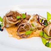 Lamb-stuffed calamari with crispy shallots