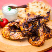 Spicy shrimp with garlic confit and homemade pita