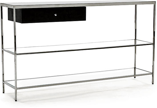 Manning console with ash veneer, polished stainless steel, and glass, 52 inches wide
