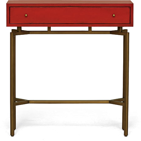 Ming entryway table with distressed red-lacquered parawood top and brass base
