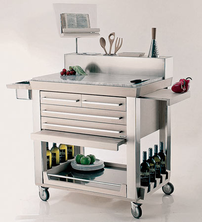 Legno­art’s professional-grade limewood and stainless steel Millenium rolling kitchen cart, topped with Carrara marble