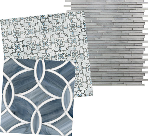 Beau Monde glass mosaic tile in Polly, at Ann Sacks; Granada Bianco Carrara marble and glass tile, and Big Band Silver glass mosaic tile