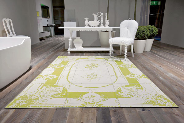 The traditional area rug gets a hip upgrade: bonded leather floor mats are treated to repel water and backed with Neoprene to insulate them from cold floors