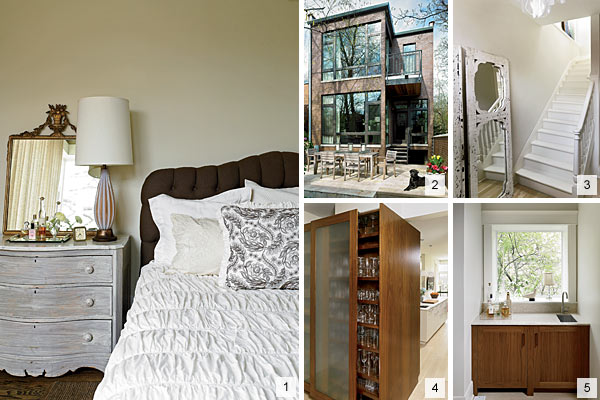 The master bedroom, back of the house, entryway, a double-sided walnut structure, and the built-in wet bar