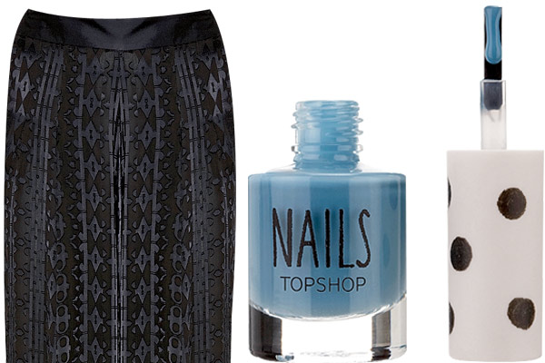 Wide-leg devorée satin pants and Windy City nail polish from Topshop