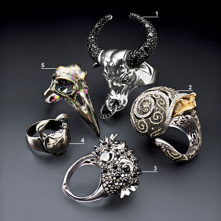 JOHN HARDY bull ring, ALEX SOLDIER snail ring, STEPHEN WEBSTER puffer fish ring, ELIZABETH AND JAMES crab ring, and PAMELA LOVE bird skull ring