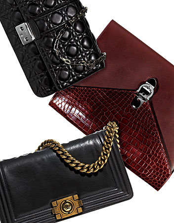 DIOR clutch, SALVATORE FERRAGAMO clutch, and CHANEL clutch