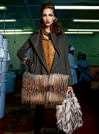 WES GORDON jacket and pants, JENNY BIRD necklace, LOEWE dress, MIRIAM HASKELL bracelet, and TOD’S bag