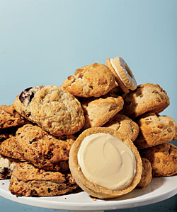 Ginger, blueberry, chocolate-toffee, and cinnamon scones; passion-fruit tart; lemon kiss cookie
