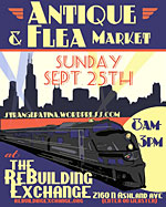 A poster for the antique and flea market at the ReBuilding Exchange