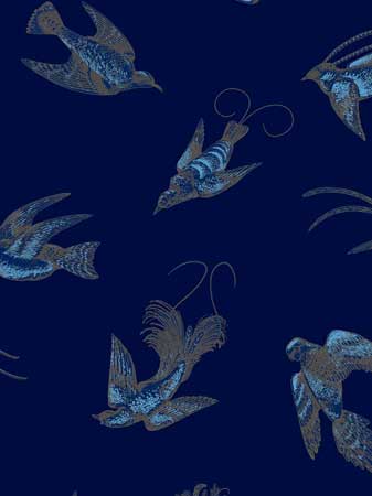 Cole & Son Tropical Birds wallpaper in Midnight, 21 inches wide, 30-inch repeat, $68 per 11-yard roll, at Lee Jofa (through designers). 
