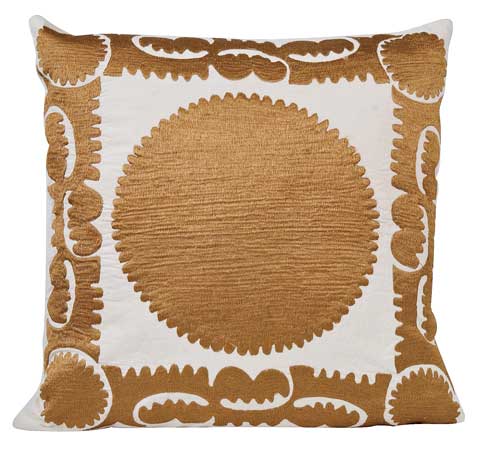 Down-filled gold Suzani  pillow, 24 by 24 inches, $195, at Jayson Home & Garden. 